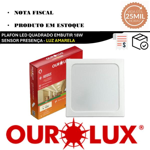 Imagem de Plafon Quadrado Embutir 18w Sensor Presença 2700K Amarela