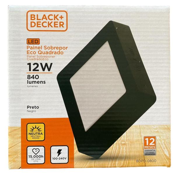 Imagem de Plafon Quadrado Preto Sobrepor 12w Branco Neutro 4000K