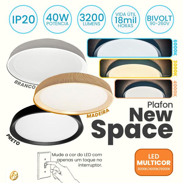 Imagem de Plafon Redondo De Teto New Space 40W LED Multicor 48CM Madeira 2078