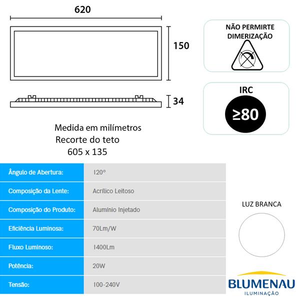 Imagem de Plafon Retangular Embutir 15x60cm 20w Branco Frio 6500K