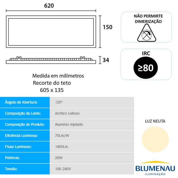 Imagem de Plafon Retangular Embutir 15x60cm 20w Branco Neutro 4100K