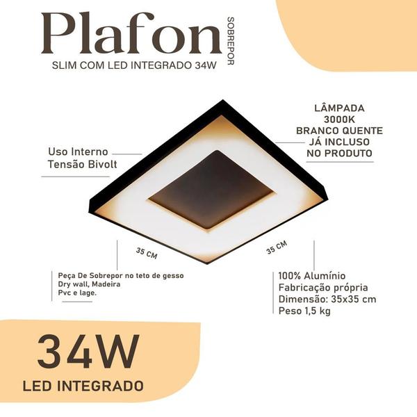 Imagem de Plafon Slim Led 35x35 Led Integrado 34w Escolha Cor Da Luz