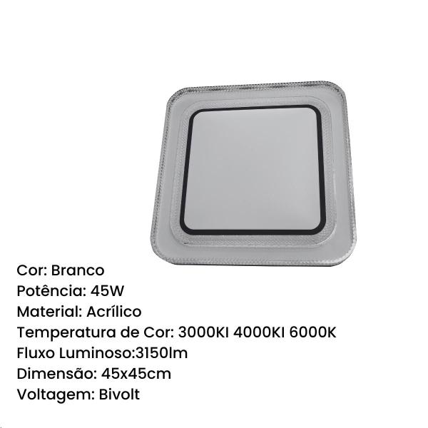 Imagem de Plafon Sobrepor Led integrado 45w 3 Temperatura de Cor 40x40cm Moderno