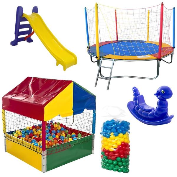 Imagem de Playground Completo: Cama Elástica 2,30m + Piscina de Bolinhas 1,00m + 500 Bolinhas + Escorregador Médio + Gangorra 1 Lugar