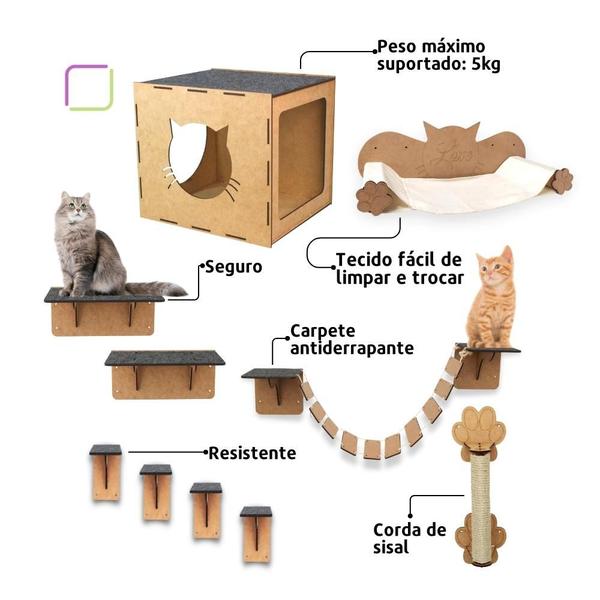 Imagem de Playground De Gato 10 Peças Resistente Kit Brinquedo Ponte Nicho Arranhador Sisal Rede Circuito Suspenso