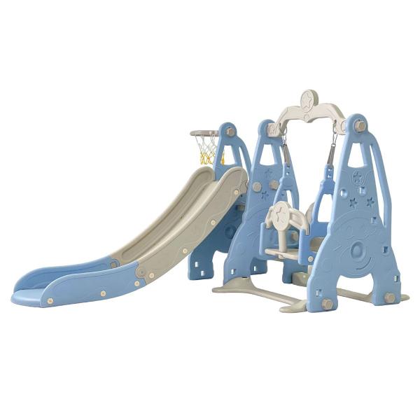 Imagem de Playground Infantil 3 em 1 Plástico Escorregador Balanço Cesta Basquete Azul/Cinza Brinqway Bw-217