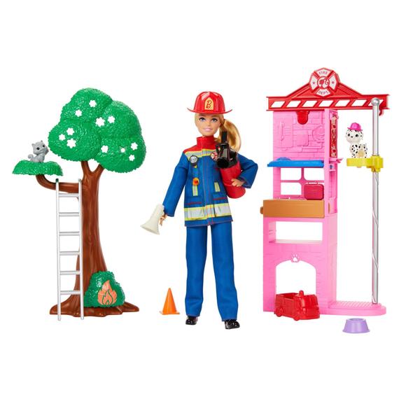 Imagem de Playset Barbie Careers Firefighter com corpo de bombeiros e 2 animais de estimação