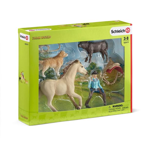 Imagem de Playset Schleich Western Cowgirl com cavalo, vaca e cachorro, conjunto de 6 peças