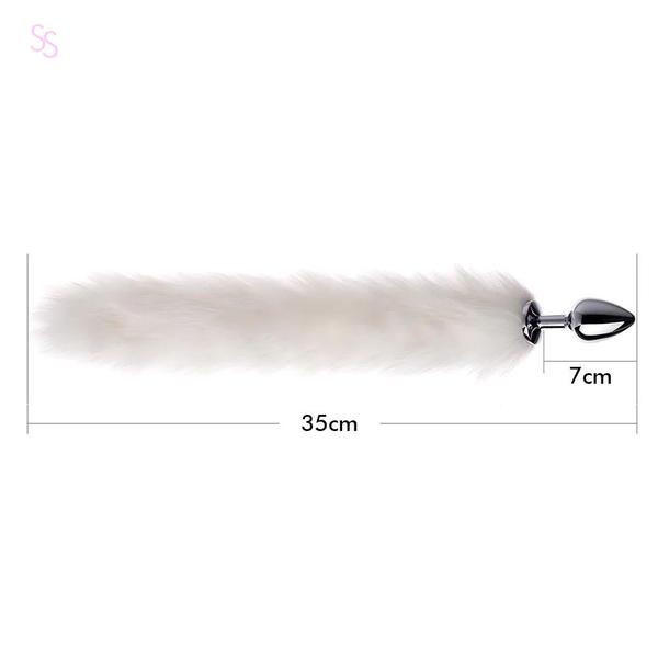 Imagem de Plug Anal em Metal Brilhante Com Cauda Branca Longa 35cm