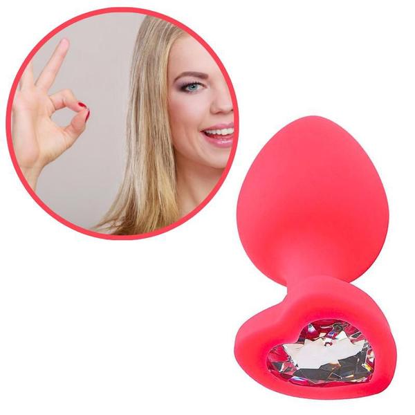 Imagem de Plug Anal em Silicone Base Coração Médio Pink com Pedra Rosa