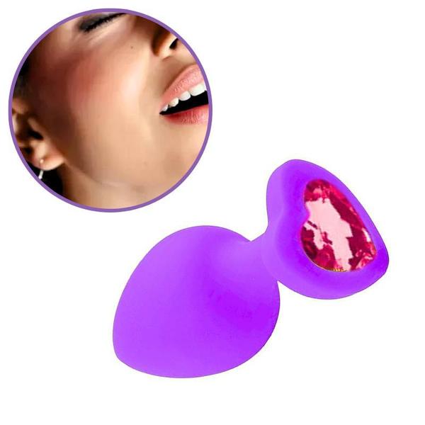 Imagem de Plug Anal em Silicone Base Coração Médio Roxo com Pedra Rosa