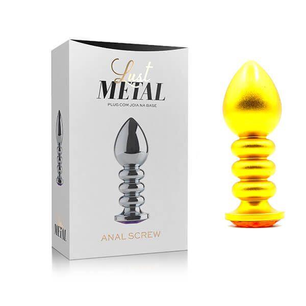 Imagem de Plug Anal "P" no Formato Escalonado, Dourado e Fosco com Detalhe de Joia - Lust Metal Anal Screw 