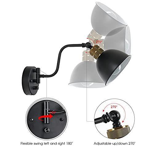 Imagem de Plug in Wall Sconce Set de 2 Swing Arm Wall Lamp com Interruptor Dimmable, Black Farmhouse Hardwired Wall Sconce Industrial Vintage Wall Mounted Light for Bedroom Reading, 2 in 1 Install