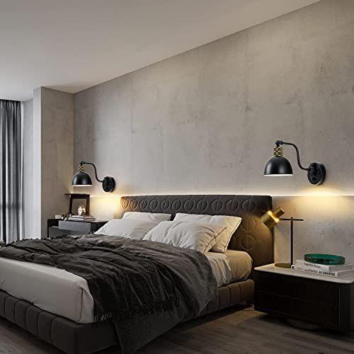 Imagem de Plug in Wall Sconce Set de 2 Swing Arm Wall Lamp com Interruptor Dimmable, Black Farmhouse Hardwired Wall Sconce Industrial Vintage Wall Mounted Light for Bedroom Reading, 2 in 1 Install