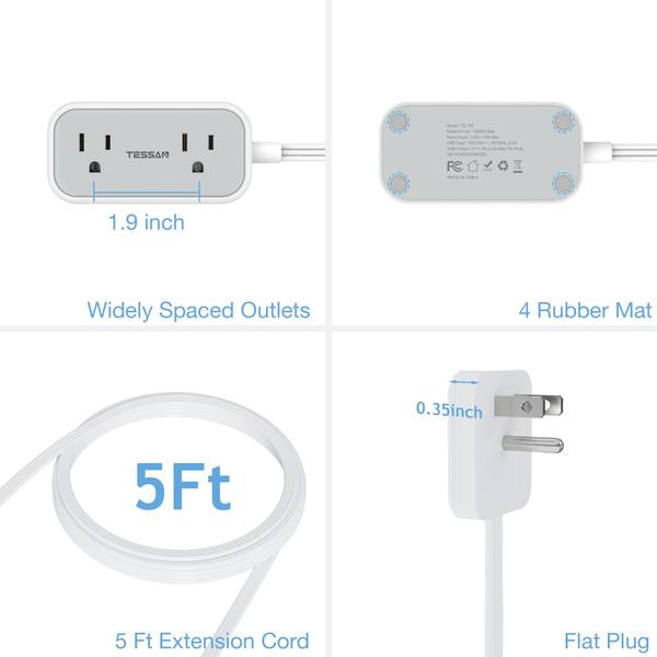 Imagem de Plugue plano TESSAN Power Strip com 2 tomadas AC e 3 portas USB de 5 pés