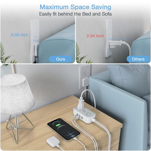 Imagem de Plugue plano TESSAN Power Strip com 2 tomadas AC e 3 portas USB de 5 pés