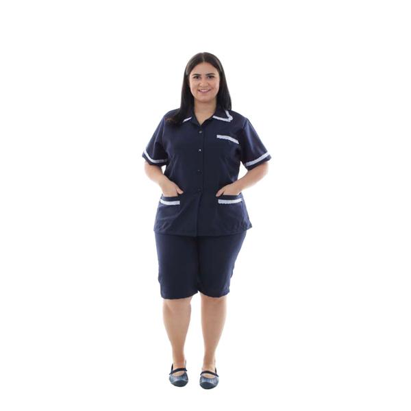 Imagem de Plus Size - Conjunto de jaleco e bermuda em Tecido Oxford para Copeira, Arrumadeira, Doméstica, Faxineira