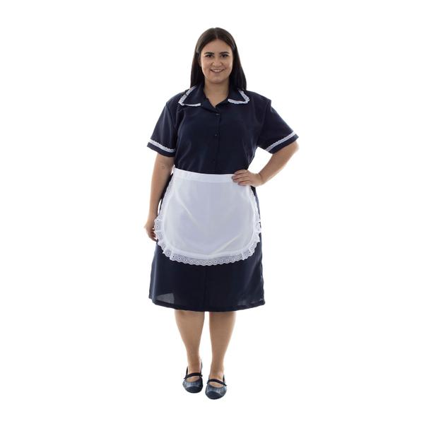 Imagem de Plus Size -  Vestido em Tecido Oxford Com Avental e Detalhes em Bordado Ingles para Copeira, Faxineira, Doméstica