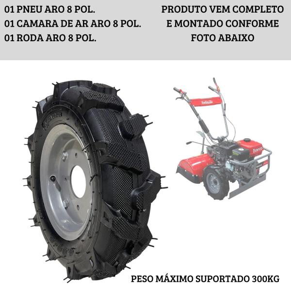 Imagem de Pneu 400-8 Roda Camara ar Completo C/ Cravos Microtratores Tratorito Husqvarna Tobata Branco Buffalo Toyama Nagano