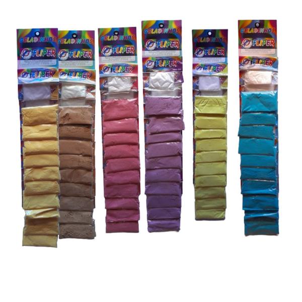 Pó para geladinho cremoso fliper 03 cartelas com 10 sabores Imagem de Pó para geladinho cremoso fliper 03 cartelas com 10 sabores