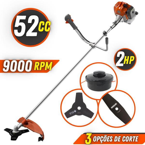 Imagem de Podador de Grama Á Gasolina Tekna RL520AC 52cc 2T 2HP 9000rpm Completa e Multifuncional Com 3 Opções de Corte Faca 3 Pontas, Faca 2 Pontas e Carretel Fio Nylon