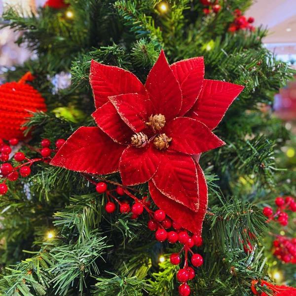 Imagem de Poinsetia Decorativa de Natal Aveludada Vermelha com Pinhas 50cm Tok da Casa