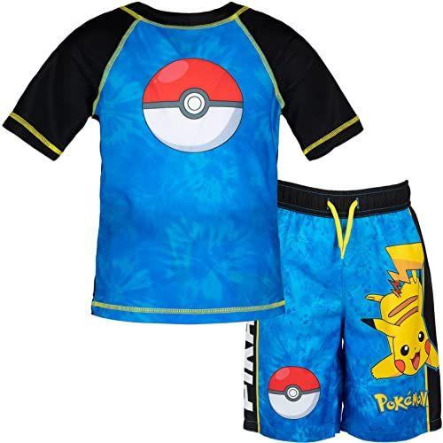 Imagem de Pokemon Pikachu Little Boys Raglan Swim Rash Guard Swim Trunks Set Blue/Black 5-6