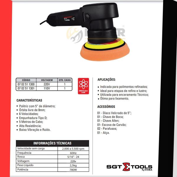 Imagem de Politriz Roto Orbital 5 Polegadas 8mm 780W 220V 2.200 a 5.500 RPM 60HZ - Sigma Tools