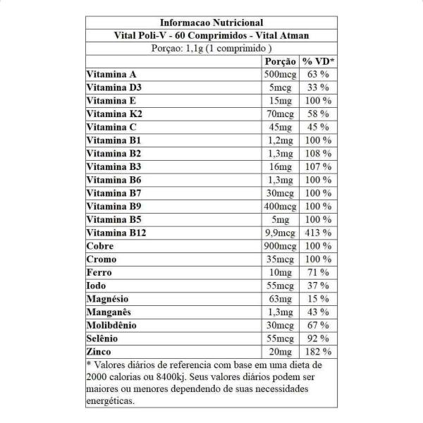 Imagem de Polivitaminico 1100mg Poli v 60 Comprimidos Vital Atman