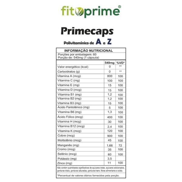 Imagem de Polivitamínico de A a Z Vitaminas e Minerais Primecaps 60 cápsulas Fitoprime