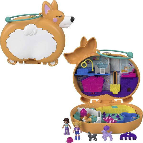 Imagem de Polly Pocket Corgi Cuddles Compact com tema de hotel pet, bonecas Micro Polly &amp Shani, 2 Figuras de Cachorro (Poodle com Cabelo &amp Husky) Características divertidas e revelações surpresa, grande presente para idades de 4 anos de idade e up