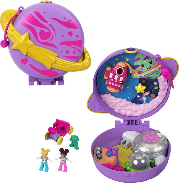 Imagem de Polly Pocket Saturn Space Explorer Compact com Fun Reveals, Micro Polly e Lila Dolls, Lunar Vehicle, Alien Figure &amp Sticker Sheet para idades 4 anos de idade e up