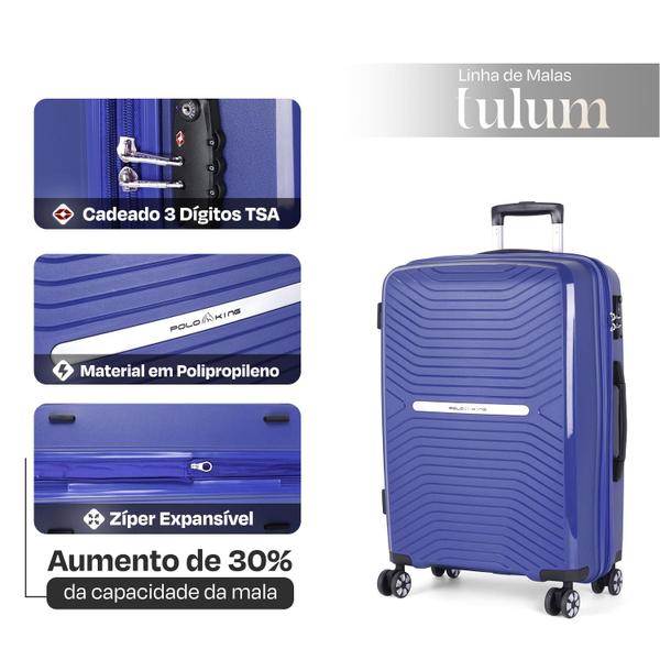 Imagem de Polo King - Mala de Viagem Média 23kg Expansível, Polipropileno Inquebrável, Cadeado TSA, Rodas Duplas 360 Silenciosas - TULUM Azul