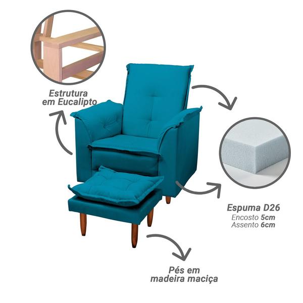 Poltrona Amamentação e Puff Ariel Suede Azul Tiffany Espuma D26 Bnn Decor - NewBelle Decor Imagem de Poltrona Amamentação e Puff Ariel Suede Azul Tiffany Espuma D26 Bnn Decor