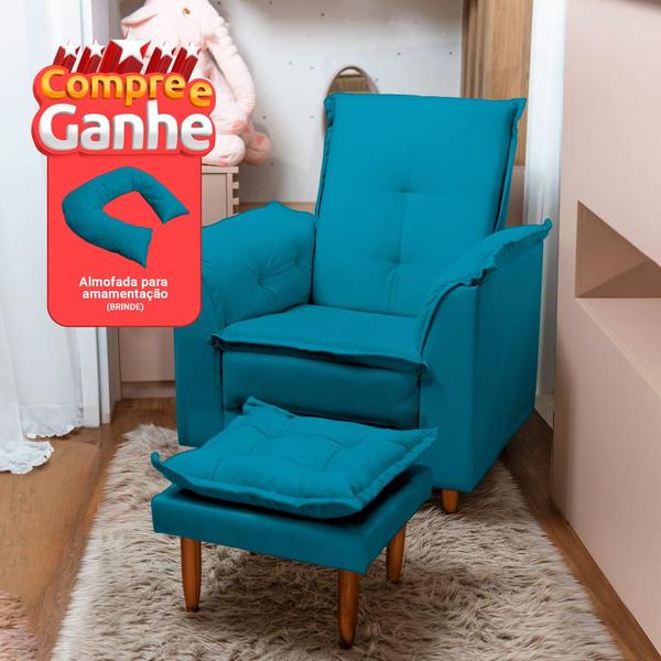 Poltrona Amamentação e Puff Ariel Suede Azul Tiffany Espuma D26 Bnn Decor - NewBelle Decor Imagem de Poltrona Amamentação e Puff Ariel Suede Azul Tiffany Espuma D26 Bnn Decor