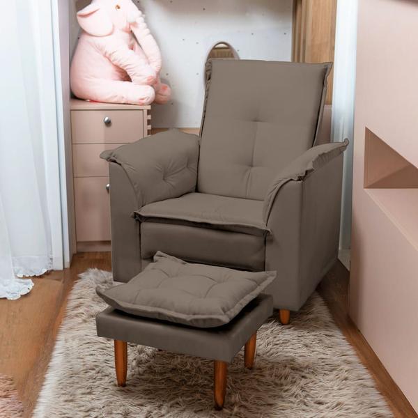Poltrona Amamentação e Puff Luna Suede Cappuccino Pés Palito Tana Decor - NewBelle Decor Imagem de Poltrona Amamentação e Puff Luna Suede Cappuccino Pés Palito Tana Decor