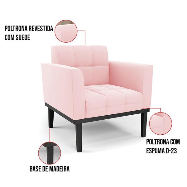 Imagem de Poltrona Base de Madeira Fixa Preto Kit 2 Elisa Suede Rosa Bebê D03 - D'Rossi