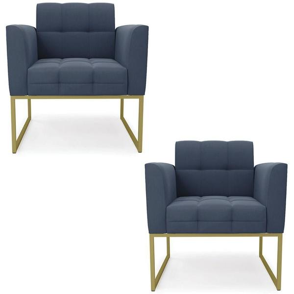 Imagem de Poltrona Base Industrial Dourado Kit 2 Ana Suede Azul Marinho