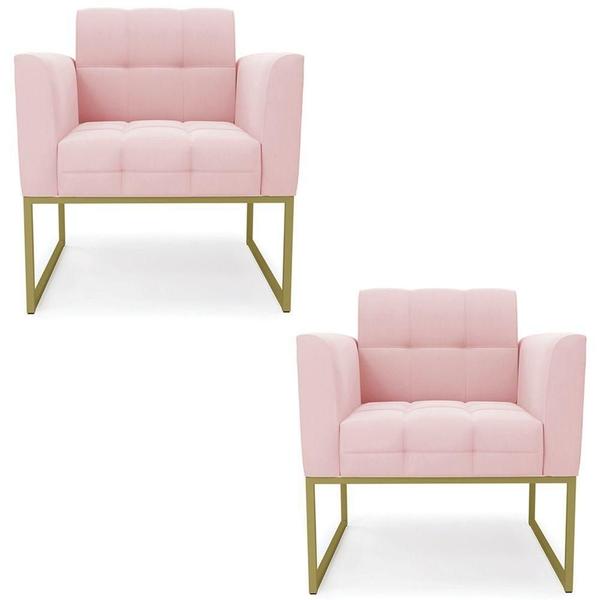 Imagem de Poltrona Base Industrial Dourado Kit 2 Ana Suede Rosa Bebê