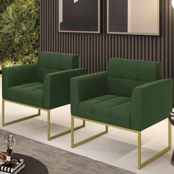 Imagem de Poltrona Base Industrial Dourado Kit 2 Ana Suede Verde