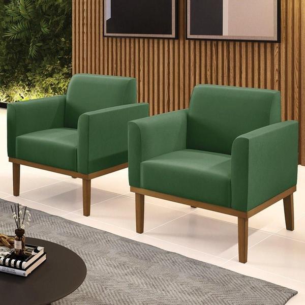 Imagem de Poltrona Base Madeira Castanho Kit 2 Maressa Suede Verde