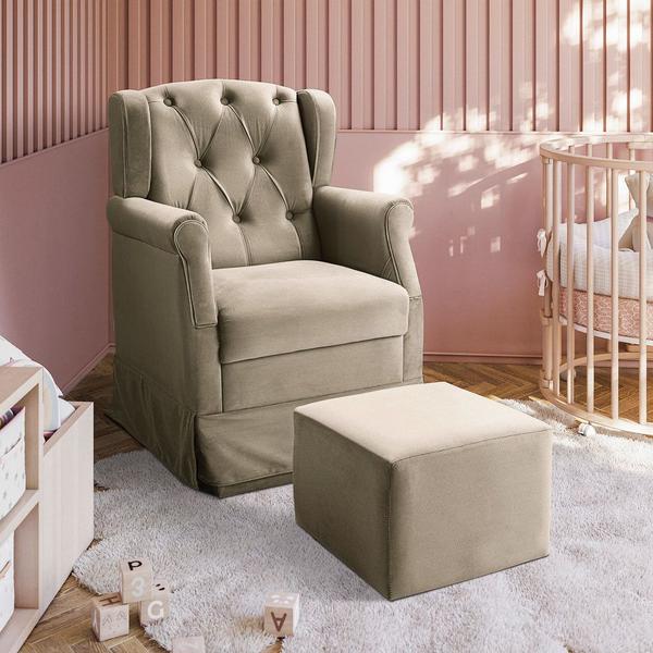 Poltrona Cadeira de Amamentação Ternura Balanço e Puff Suede Bege Shop das Cabeceiras Imagem de Poltrona Cadeira de Amamentação Ternura Balanço e Puff Suede Bege Shop das Cabeceiras