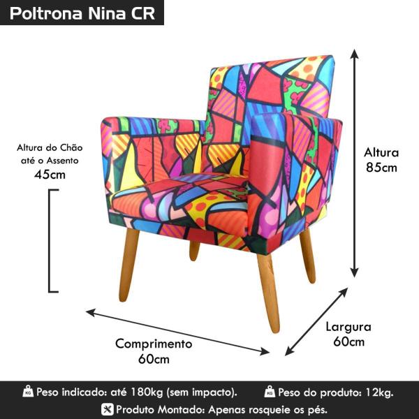 Imagem de Poltrona Cadeira Decorativa Nina Pés Madeira Rodapé Estampa Romero Britto - 2M Decor