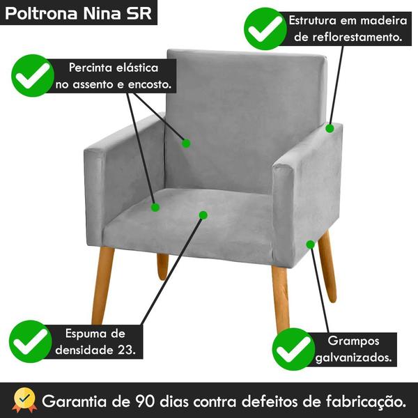 Imagem de Poltrona Cadeira Decorativa Nina Pés Madeira Suede Cinza Claro