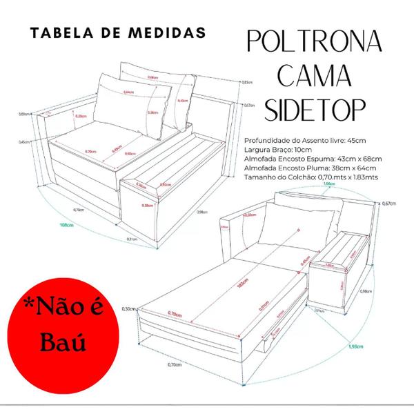 Imagem de Poltrona  Cama Com Tampo Lateral  Esquerdo & Tecido Linho  Com Usb