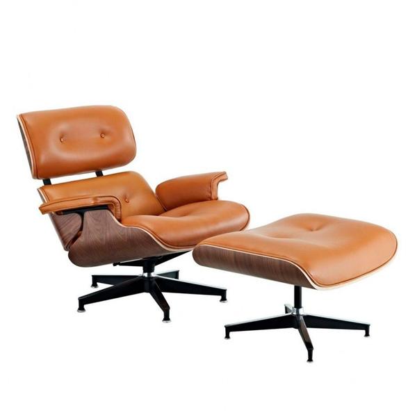 Imagem de Poltrona Charles Eames Premium com Puff Couro Caramelo