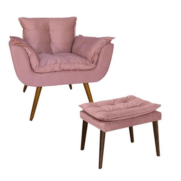 Imagem de Poltrona Com Puff Opala Estofada Sala de Estar Suede Rosa - DL DECOR