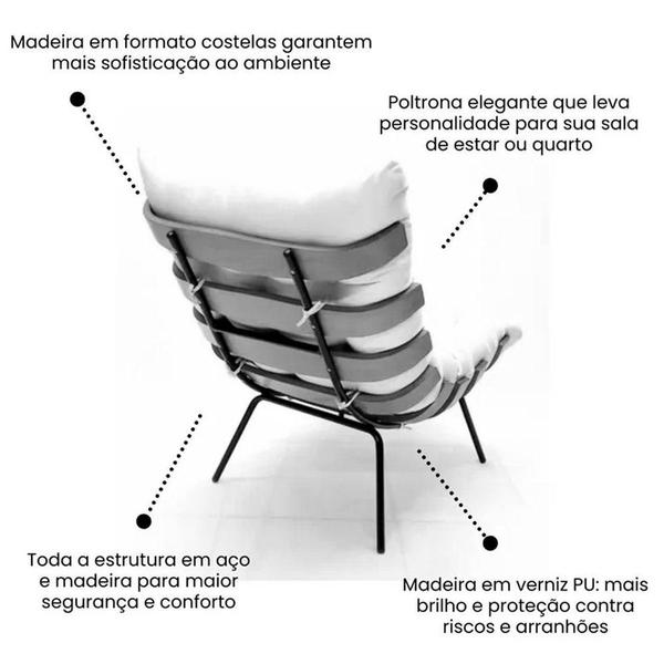 Imagem de Poltrona Costela de Adão com Puff  Tecido Linho Off