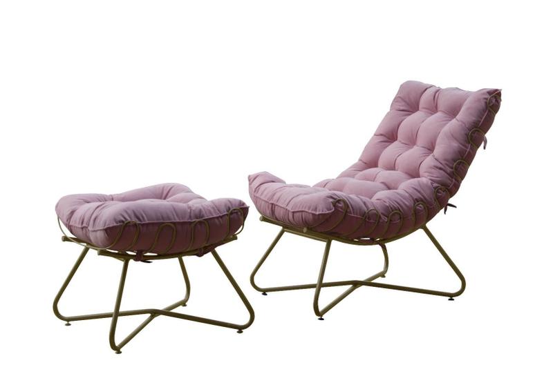 Imagem de Poltrona Costela Luxo com Puff Eva Metal Dourado- Suede Rose