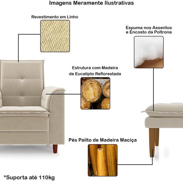 Imagem de Poltrona de Amamentação Quarto Infantil com Puff Kate Pés Palito Linho Bege + Binde Amofada